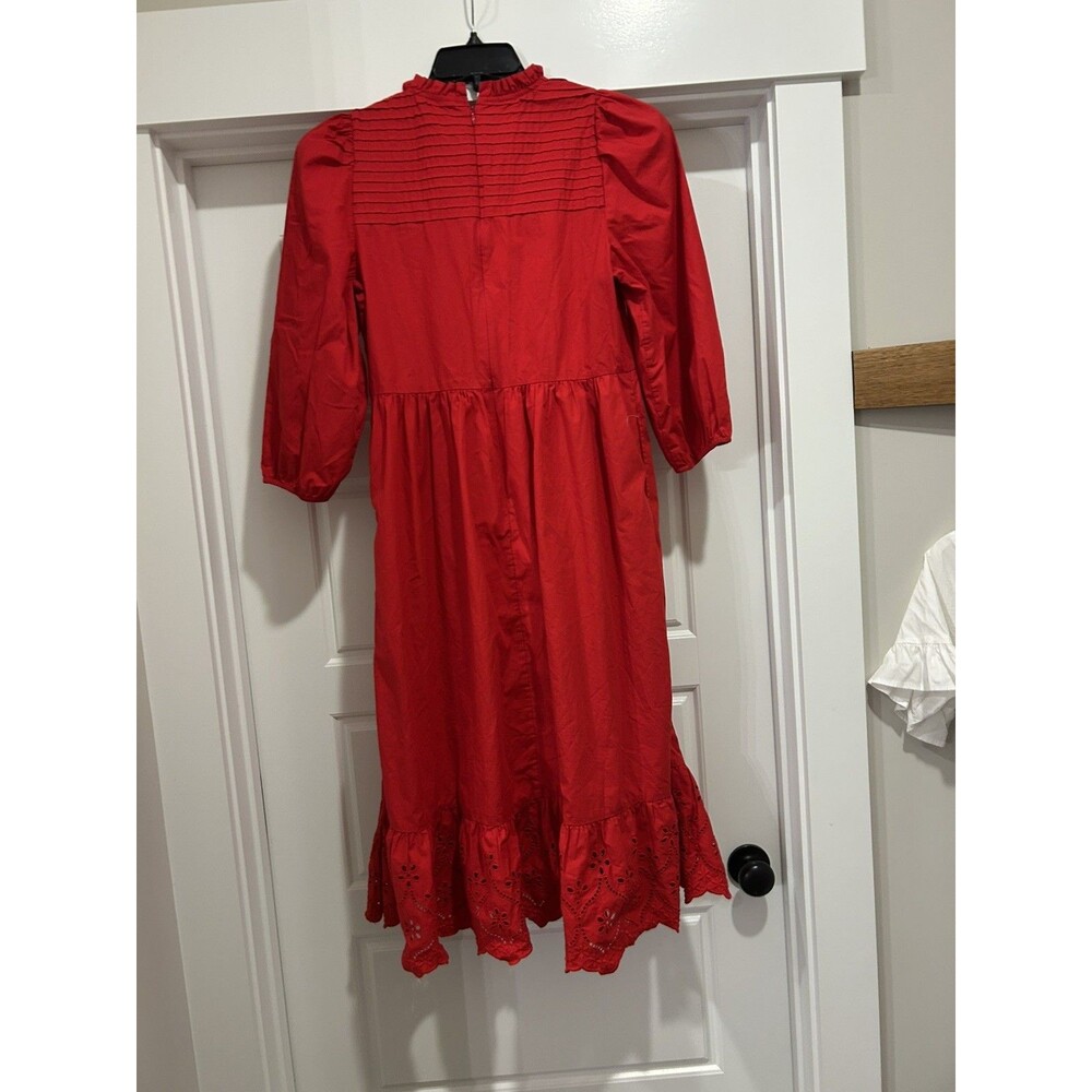 Crown & Ivy Red Eyelet Midi Dress Sz 8 Cotton Puff Sleeve Tiered Cottagecore